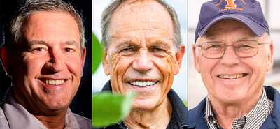 Illinois researchers, from left, Carl Bernacchi, Stephen Long and Donald Ort describe the many field- and laboratory-tested approaches to increasing crop resilience in a warming world. Photos by Fred Zwicky and Craig Pessman